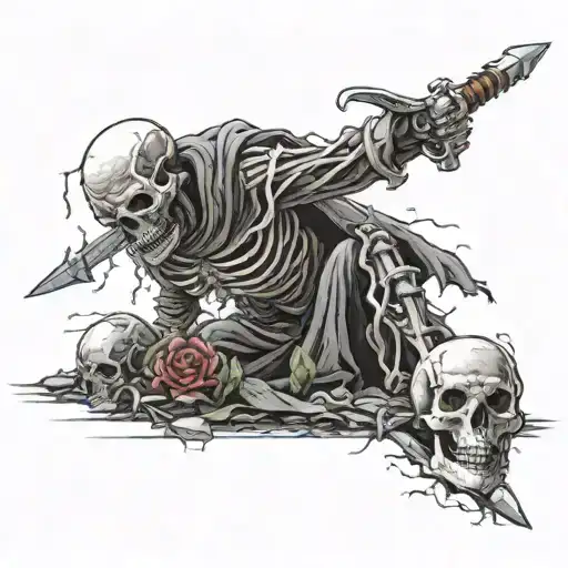 a skeleton holding a sword crawling up from a grave at the cemetery. it is clowdy night and a lightning tattoo design idea