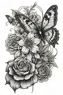 Please create an abstract line art tattoo design for the upper part of the forearm, above an existing floral and insect  tattoo design idea