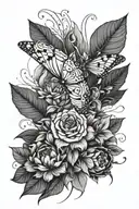Please create an abstract line art tattoo design for the upper part of the forearm, above an existing floral and insect  tattoo design idea