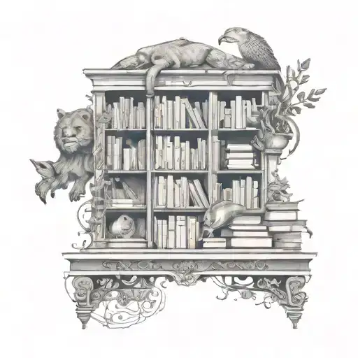 An intricate bookshelf tattoo with fantasy elements and animals hidden among the books tattoo design idea