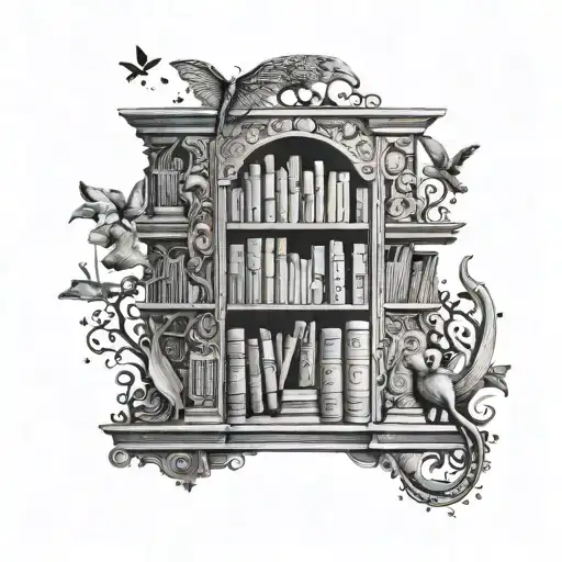 An intricate bookshelf tattoo with fantasy elements and animals hidden among the books tattoo design idea