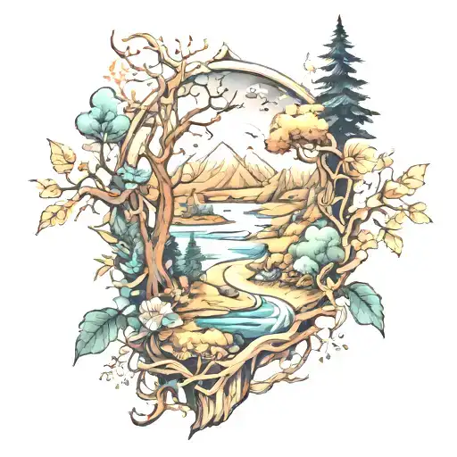 A nature-inspired sleeve tattoo featuring different landscapes, animals, and elements of magic intertwined tattoo design idea