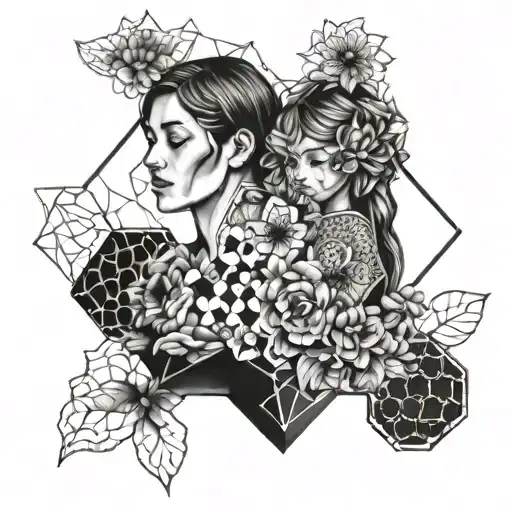 Mom and daughter with lots of flowers and a honeycomb pattern to decorate the background tattoo design idea