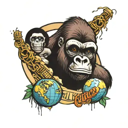 image of a gorilla  with the words ape shall not kill ape, a image of a globe and parade colliding with the word sR,I.P  tattoo design idea
