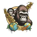 image of a gorilla  with the words ape shall not kill ape, a image of a globe and parade colliding with the word sR,I.P  tattoo design idea