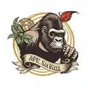 image of a gorilla  with the words ape shall not kill ape, a image of a globe and parade colliding with the word sR,I.P  tattoo design idea