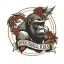 image of a gorilla  with the words ape shall not kill ape, a image of a globe and parade colliding with the word sR,I.P  tattoo design idea