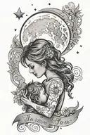 Black-grey tattoo of a mother and child standing under a starry sky with the moon in the background and the phrase 'I ❤️ Love You to the Moon 🌙 Back' incorporated into the design tattoo design idea