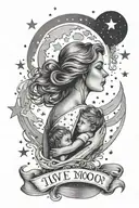 Black-grey tattoo of a mother and child standing under a starry sky with the moon in the background and the phrase 'I ❤️ Love You to the Moon 🌙 Back' incorporated into the design tattoo design idea