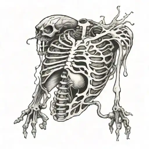 ink pouring out of open ribcage with weird organs tattoo design idea