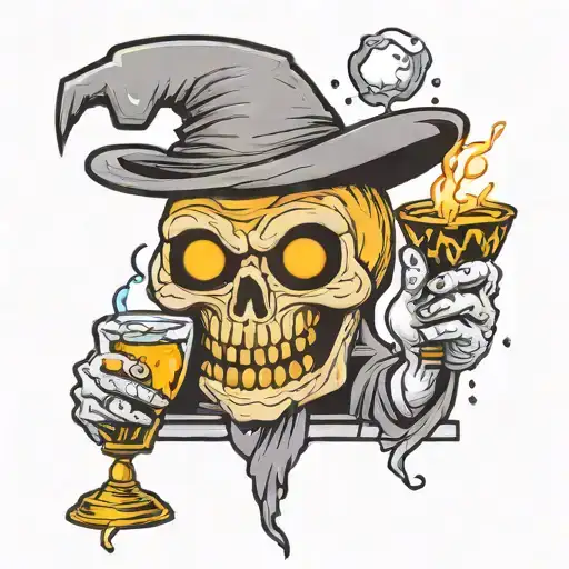 ghost holding a shot glass wearing a wizard hat tattoo design idea