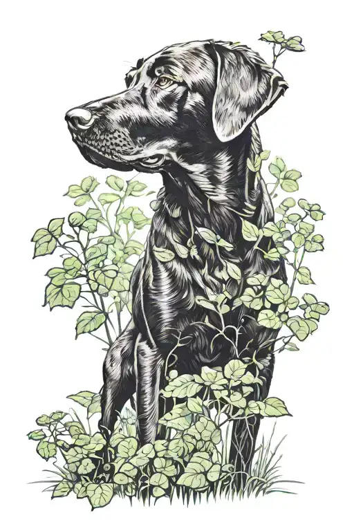 black labrador in the forest, finding lucky clovers tattoo design idea