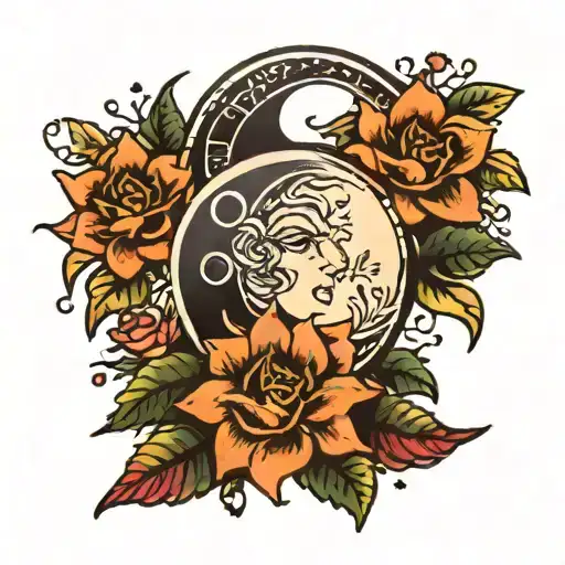 A traditional style sun and moon surrounded by blooming flowers and lush greenery tattoo design idea