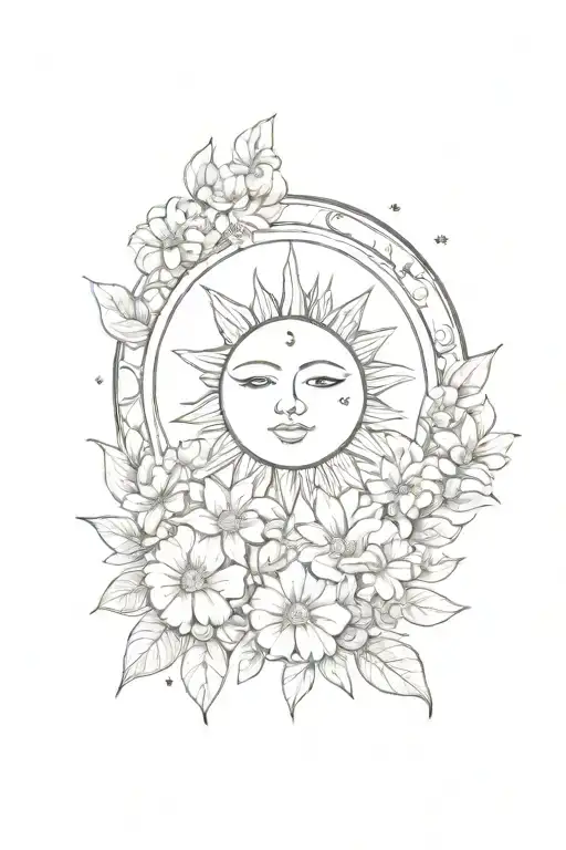 A traditional style sun and moon surrounded by blooming flowers and lush greenery tattoo design idea