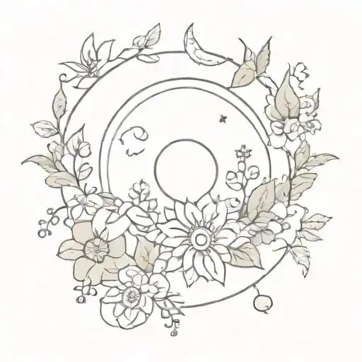 A traditional style sun and moon surrounded by blooming flowers and lush greenery tattoo design idea