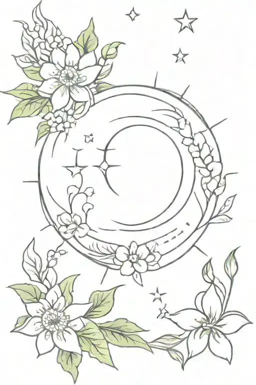 A traditional style sun and moon surrounded by blooming flowers and lush greenery tattoo design idea