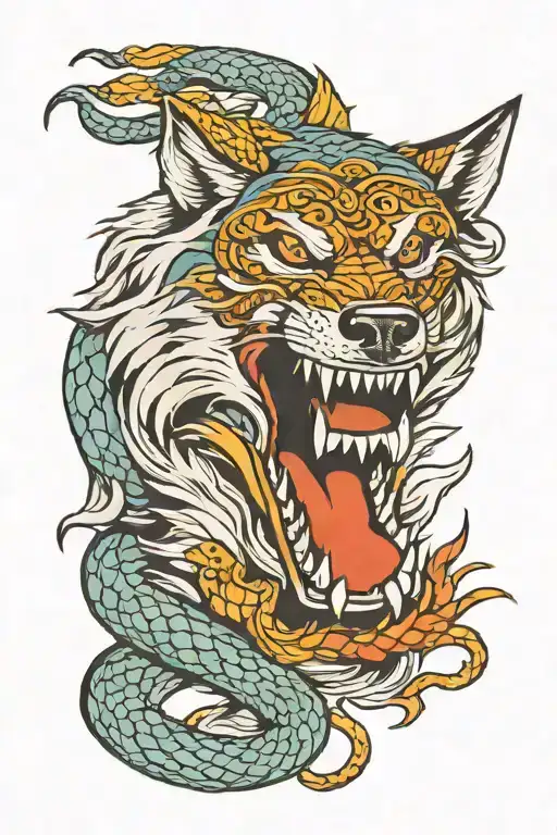 wolf face with snake wrapped tattoo design idea