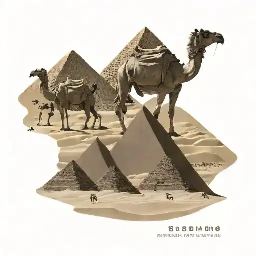 pyramids in front of them, camels walking on the dunes tattoo design idea