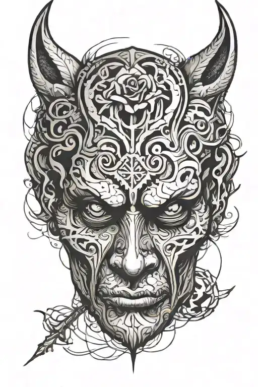 The tattoo shows a scowling, non-human face. The features are sharp and unnatural tattoo design idea