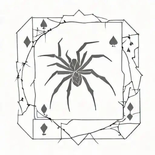 A minimalist tattoo of a deck of cards scattered on a floor, with a spider crawling among them tattoo design idea