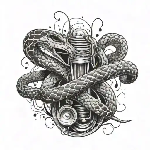 A tattoo design of a snake wrapped around a microphone, with musical notes and lyrics from Kendrick Lamar and Mac Miller songs incorporated into the design tattoo design idea