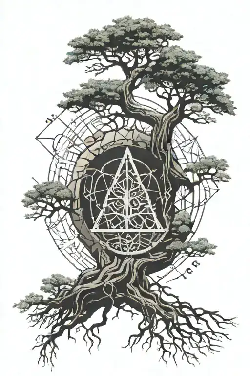 Yggdrasil tree and Norse runes in stone tablet tattoo design idea