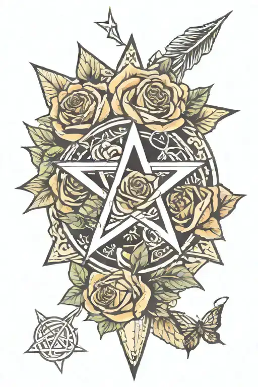 magnum roses pentagram mixed tattoo design idea