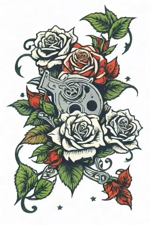 revolver surrounded red roses with green plants on pentagram tattoo design idea