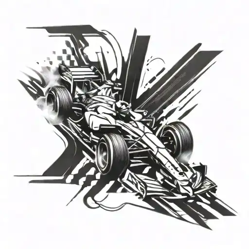 An abstract tattoo design inspired by the speed and excitement of Formula 1 racing, incorporating elements of circuit tracks and sleek cars tattoo design idea