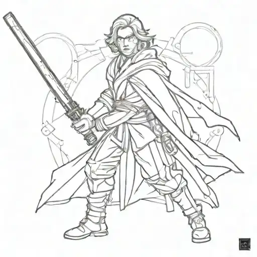 A mashup tattoo of a Jedi knight from Star Wars wielding a lightsaber in an anime art style tattoo design idea