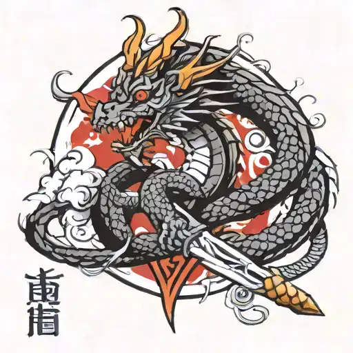 dragon and sword with black ink in japanse style and the dragon is demonic tattoo design idea