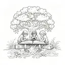 A whimsical scene of children reading books under a tree with the world as a backdrop, showcasing the beauty of childhood and exploration tattoo design idea