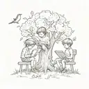 A whimsical scene of children reading books under a tree with the world as a backdrop, showcasing the beauty of childhood and exploration tattoo design idea
