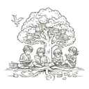 A whimsical scene of children reading books under a tree with the world as a backdrop, showcasing the beauty of childhood and exploration tattoo design idea