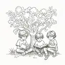A whimsical scene of children reading books under a tree with the world as a backdrop, showcasing the beauty of childhood and exploration tattoo design idea