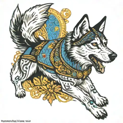 Ukraine husky dog playing tattoo design idea