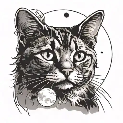 A black and grey tattoo of a cat gazing up at a full moon with philosophical symbols in the background tattoo design idea