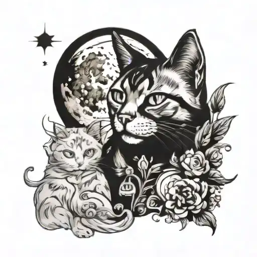 A black and grey tattoo of a cat gazing up at a full moon with philosophical symbols in the background tattoo design idea