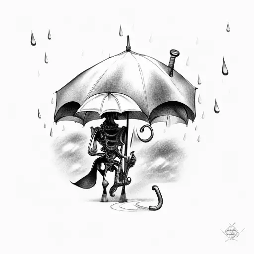skelton holding umbrella i sode rain tattoo design idea
