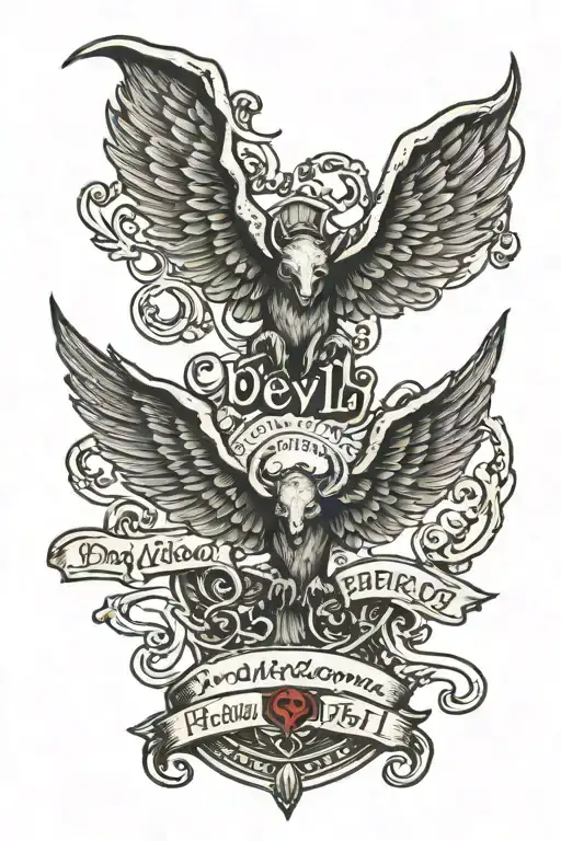 Devil wings with the words "too handsome for hell" in gaelic font  tattoo design idea