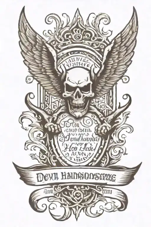 Devil wings with the words "too handsome for hell" in gaelic font  tattoo design idea