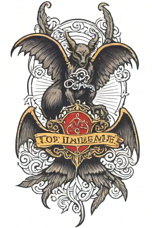 Devil wings with the words "too handsome for hell" in gaelic font  tattoo design idea