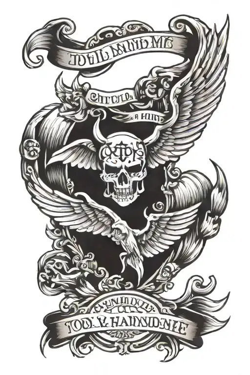 Devil wings with the words "too handsome for hell" in gaelic font  tattoo design idea