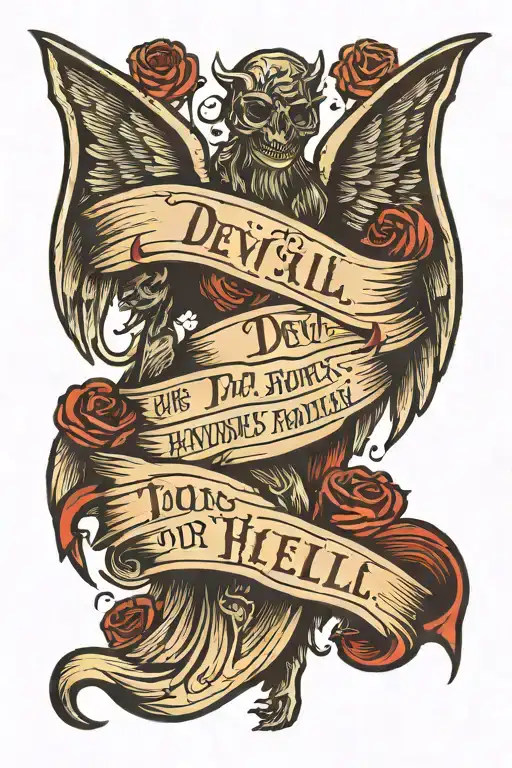 Devil wings with the words "too handsome for hell" in gaelic font  tattoo design idea