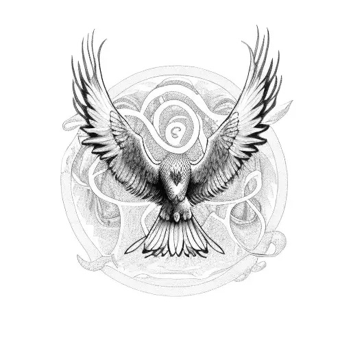 A mystical representation of Xamanism with an eagle and snake in black-grey style tattoo design idea