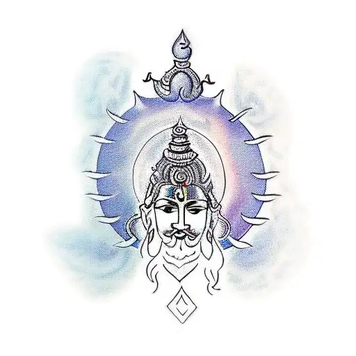create a tattoo sleeve for my right arm with all combined "a face  of a calm shiva, a trident, a Sikh Khanda , a sword a tattoo design idea