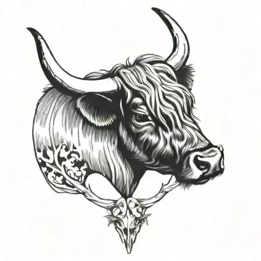 highland cow mirroring a longhorn skull tattoo design idea