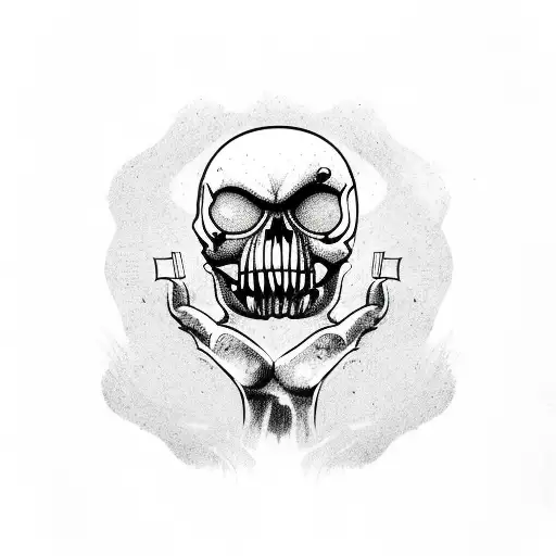 tiki skull leaking fluid being held by zombie hand tattoo design idea