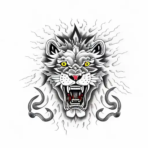 roaring lion with a thunderstorm and lightning  tattoo design idea