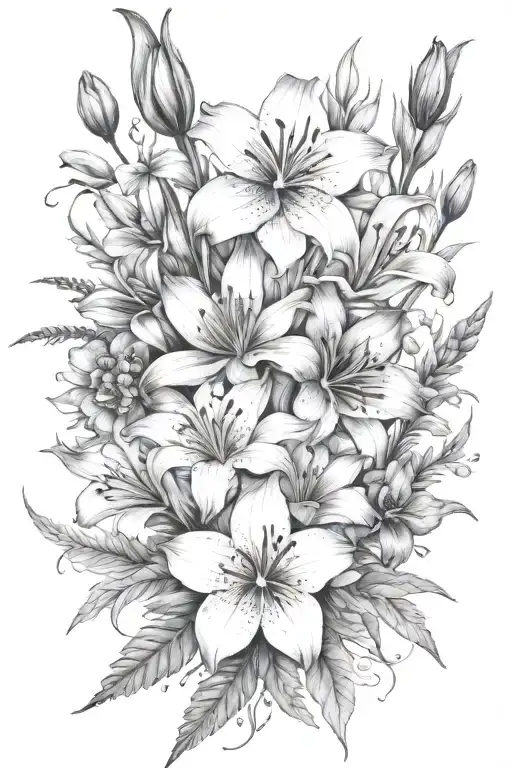 lily, hawthorn, poppy, gladiolus, marigold, cosmos flower arrangement tattoo design idea